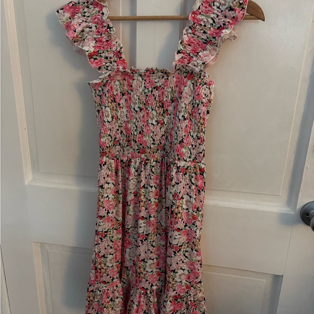 Floral Pink Ruffle Strap Dress, Womens XS